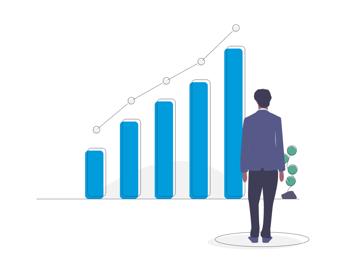 Illustration of business man looking at bar chart showing increased leads from digital marketing